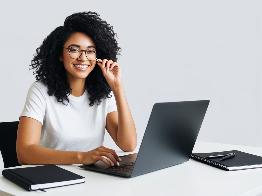 imagem de uma moça negra feliz em frente a um computador